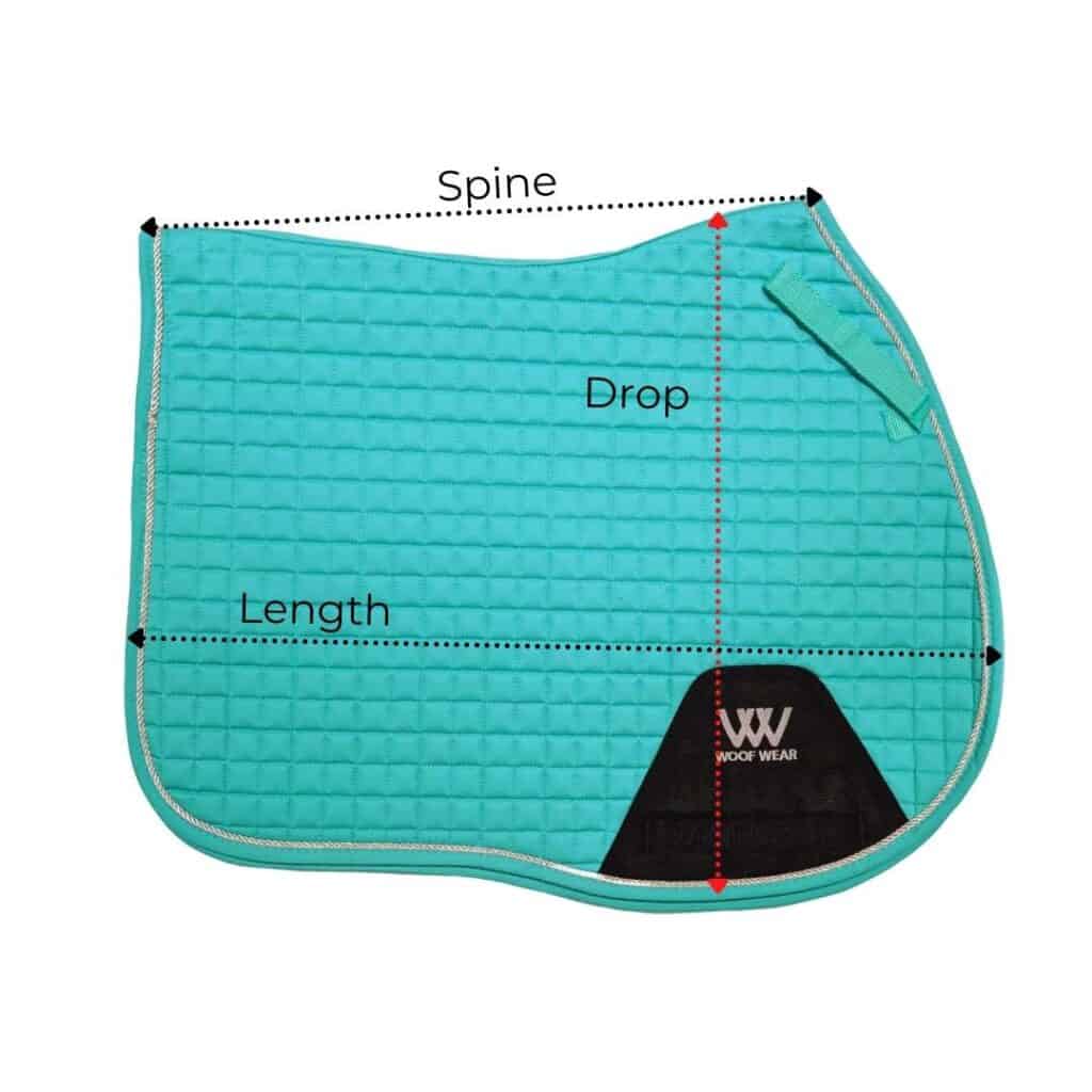 Spine, drop, length of a saddle pad